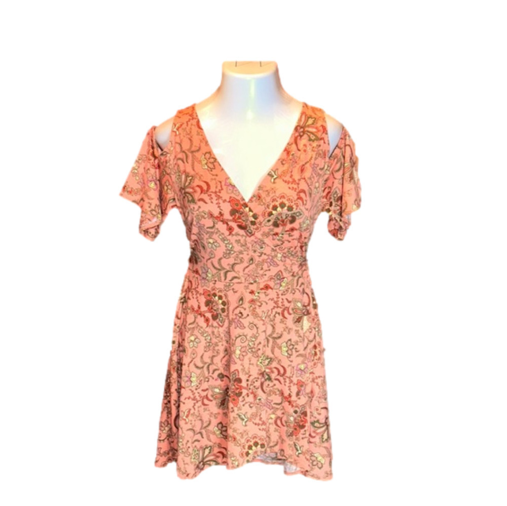 COPPER KEY Coral Floral Print Wrap Around Bare Shoulder Dress Size L